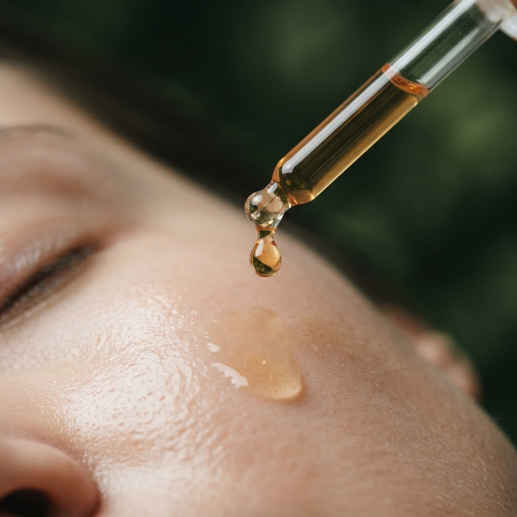 Gota de sérum ámbar cayendo sobre la piel